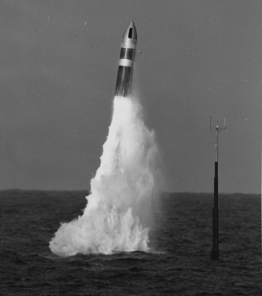A Poseidon C3 missile breaking the surface of the water after being fired from a US Submarine