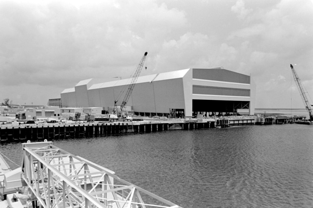 An external view of the Trident submarine refit facility during its construction.