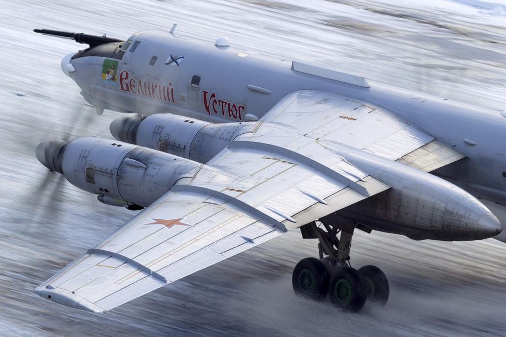 NK-12MP turboprop engines accelerating during take-off of a Tu-142MR