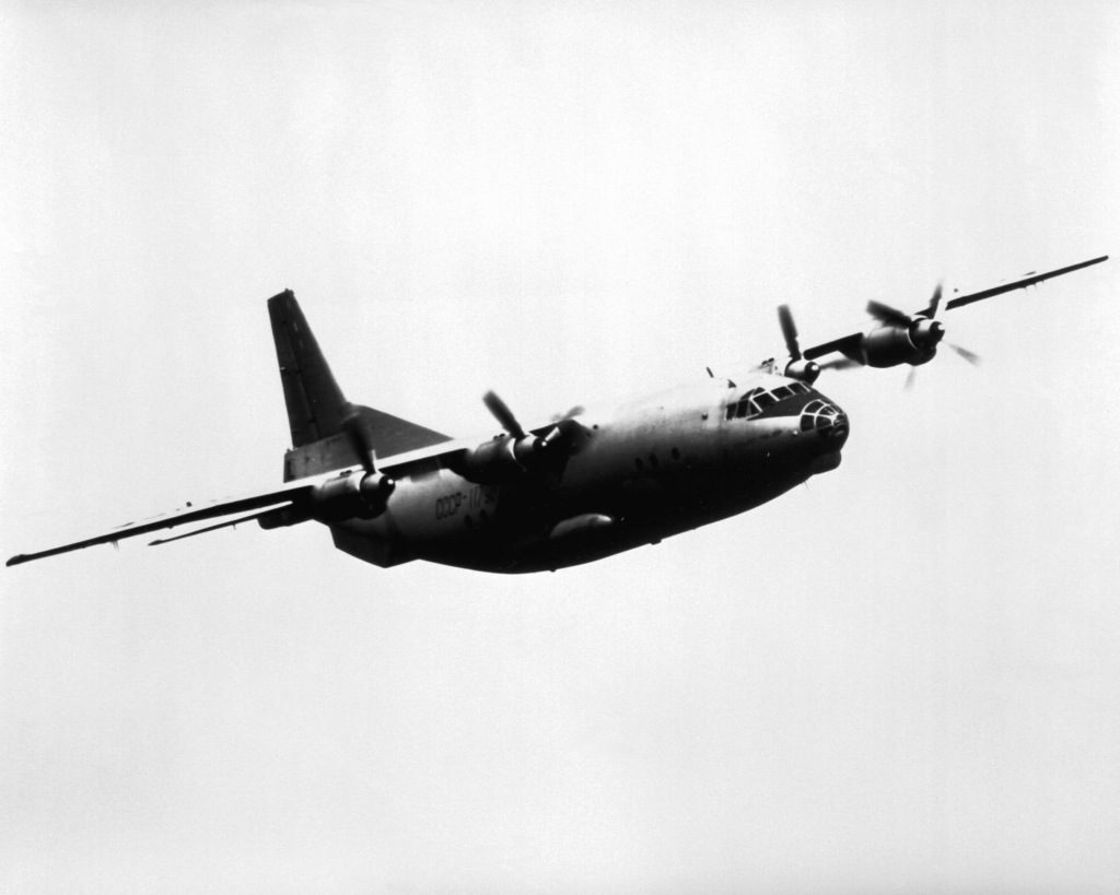 The four-turboprop An-12 - the Soviet counterpart to the Lockheed C-130 Hercules, was used to test the aerial.