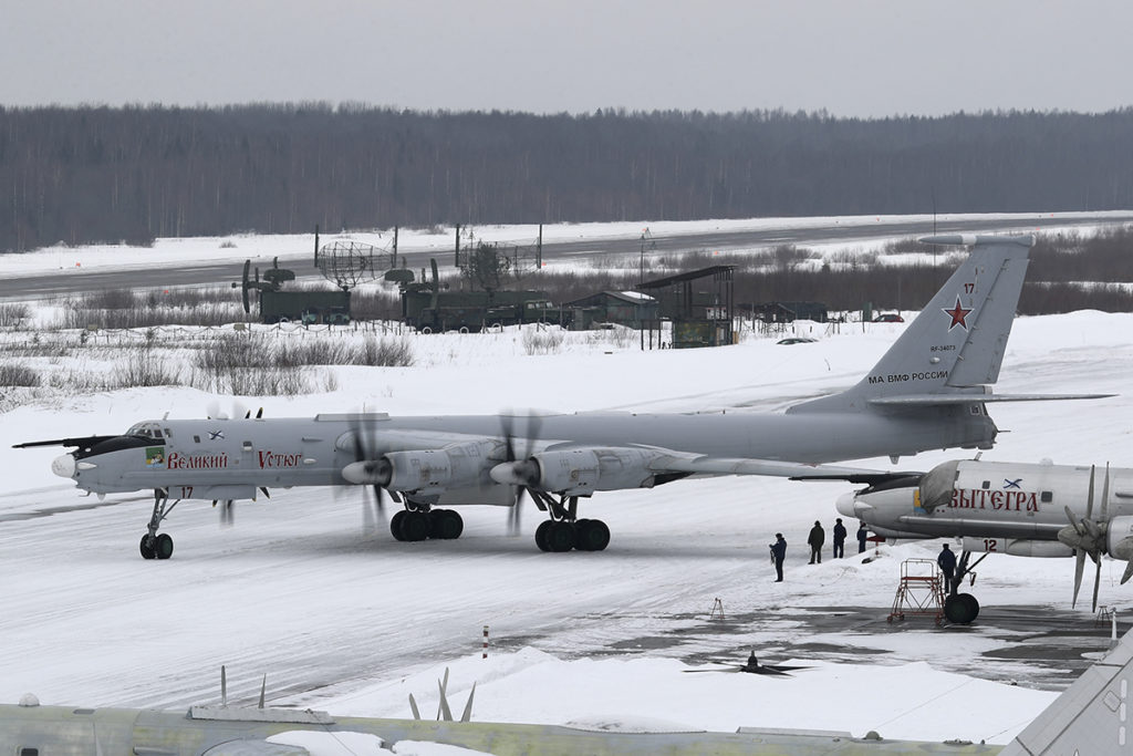 A Tu-142MR starts to move. These airplanes were very vulnerable to a surprise attack while grounded.