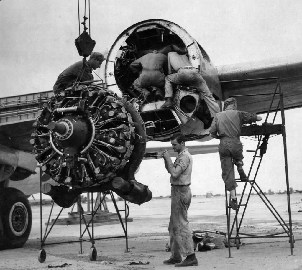Boeing B-29 Superfortress R-3350 engine inspection