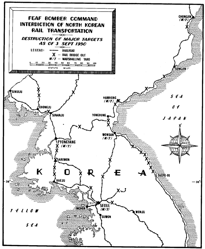 Korean war Map of FEAF Bomber command interdiction of north korean rail transportation 3 sept 1950
