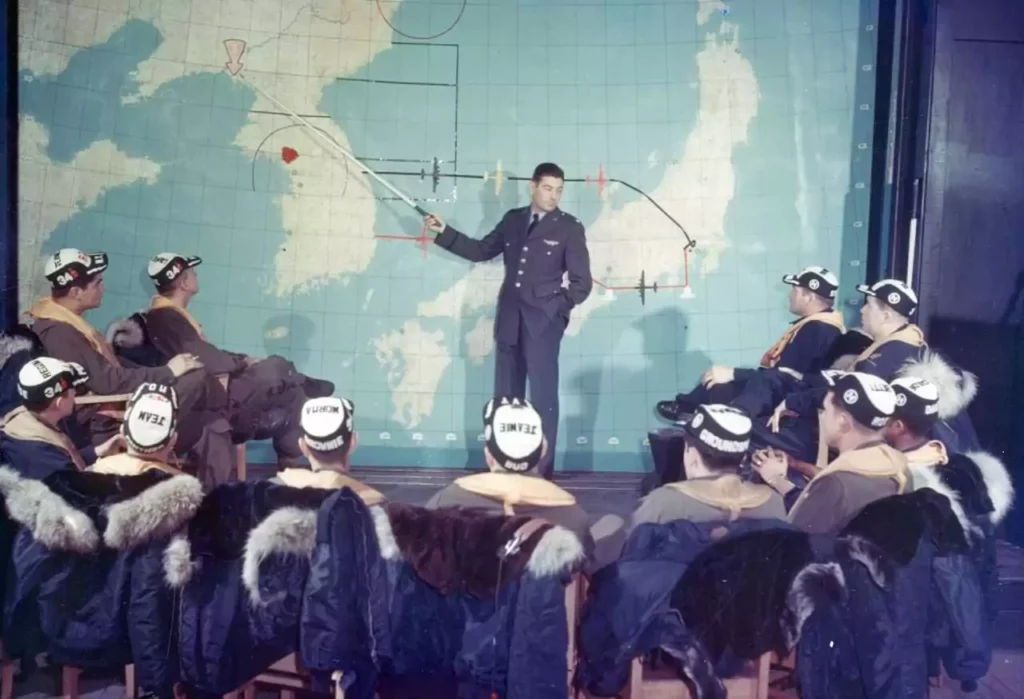 Korean war b-29 crew briefing before raid mission on korea