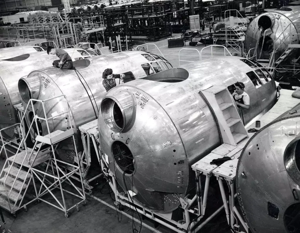 Work is underway on the forward fuselage section of a B-29A. 