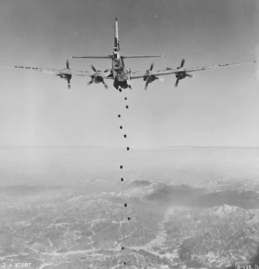 A B-29 "Superfortress" of the Far East Air Forces 19th Bomber Group captured a striking photo of the lead bomber during their 150th combat mission in the Korean War.
