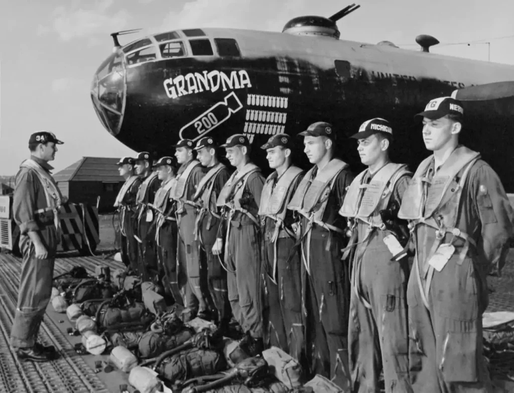 Korean war B-29 commander inspecting his crew