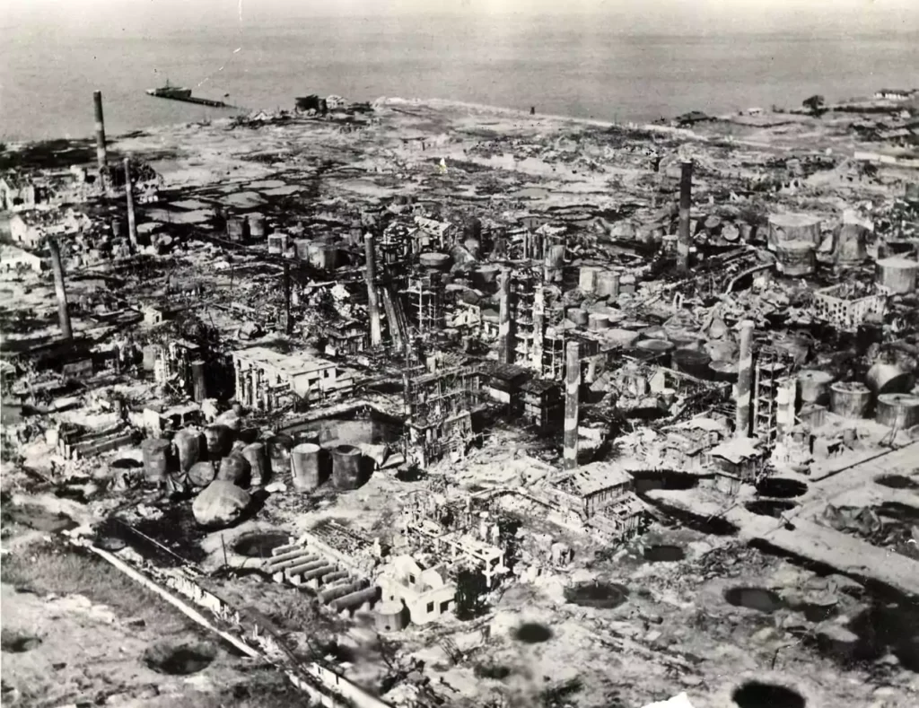 A photograph taken after the B-29 bomber strikes in August 1950 shows 95 percent damage to the Wonsan petroleum refinery.