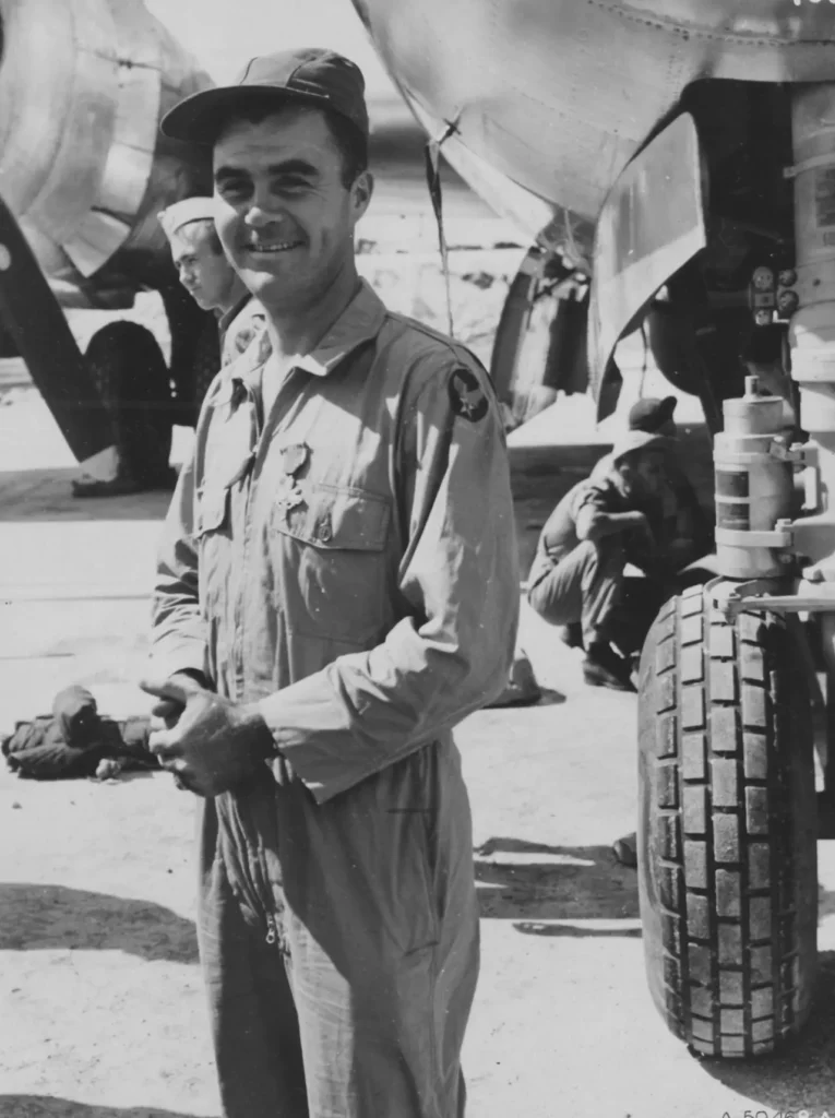 Tibbets shown after the Hiroshima mission wearing the distinguished service cross