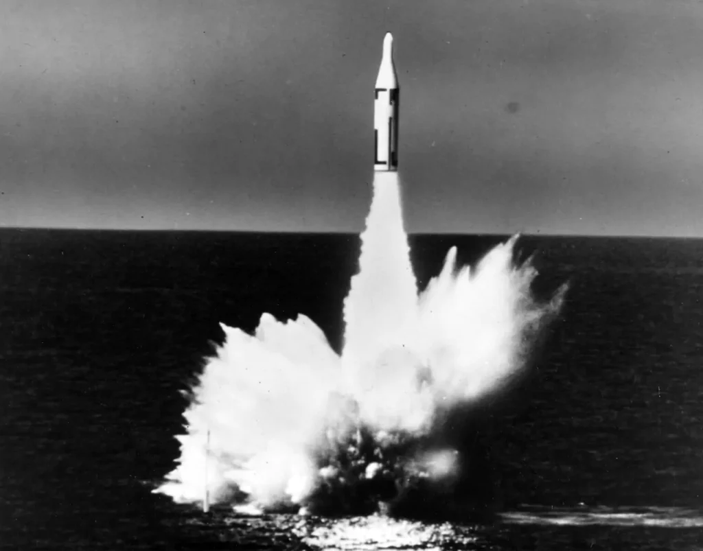 The USS George Washington (SSBN-598) conducts its first underwater launch of a Polaris missile in July 1960.