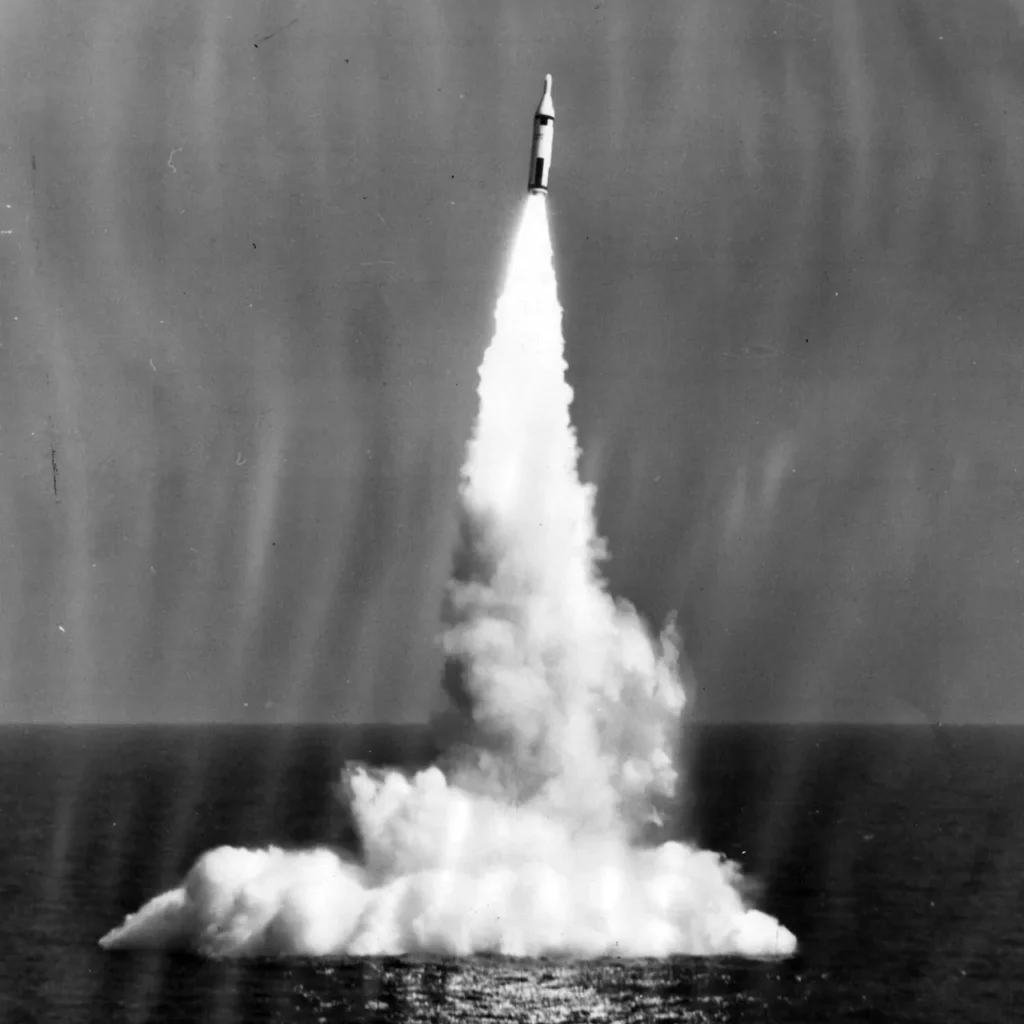 The USS Ethan Allen (SSBN 608) launched a Polaris A-2 missile off the coast of Florida near Cape Canaveral on October 23, 1961. This event marked the first underwater launch of the second-generation Polaris missile.