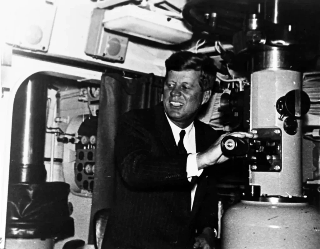 John F. Kennedy on board the USS Thomas Edison (SSBN-610) on April 14, 1962, during the president's visit to the U.S. Atlantic Fleet.