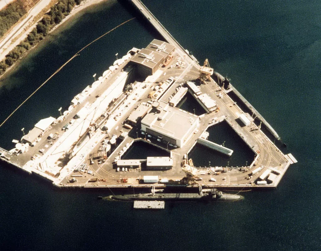 Aerial view of the Delta Pier in Bangor Submarine Base.