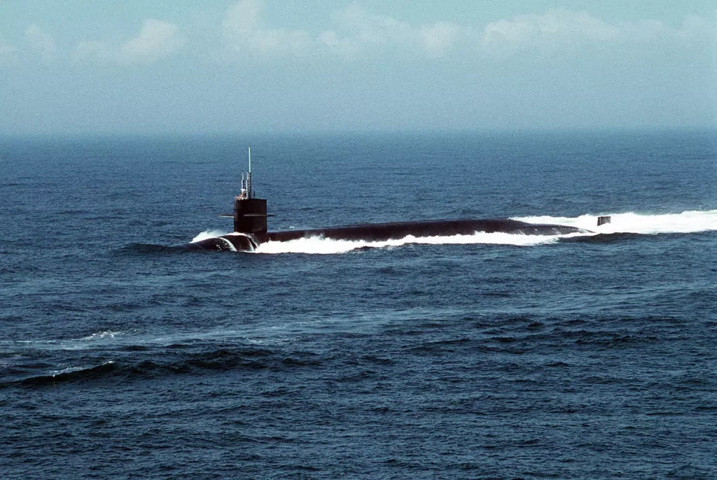 USS TENNESSEE (SSBN-734) underway in the Atlantic on March 29, 1990. The USS Tennessee was the first ship equipped with the TRIDENT II missile