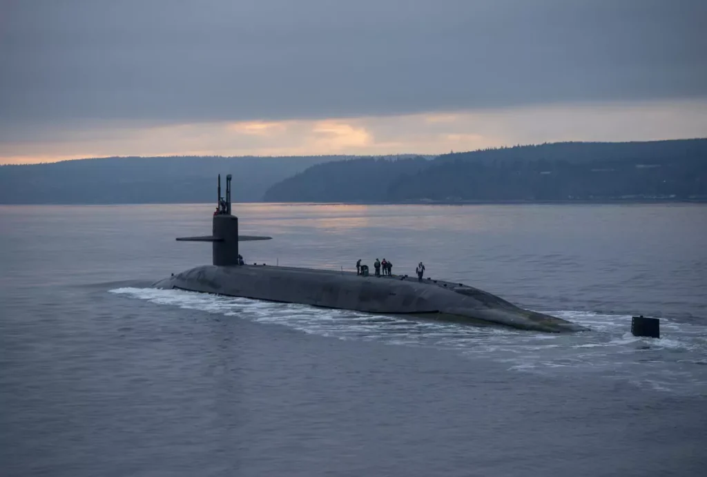 The Ohio-class ballistic missile submarine USS Pennsylvania (SSBN 735) returns to its homeport following a routine strategic deterrent patrol.