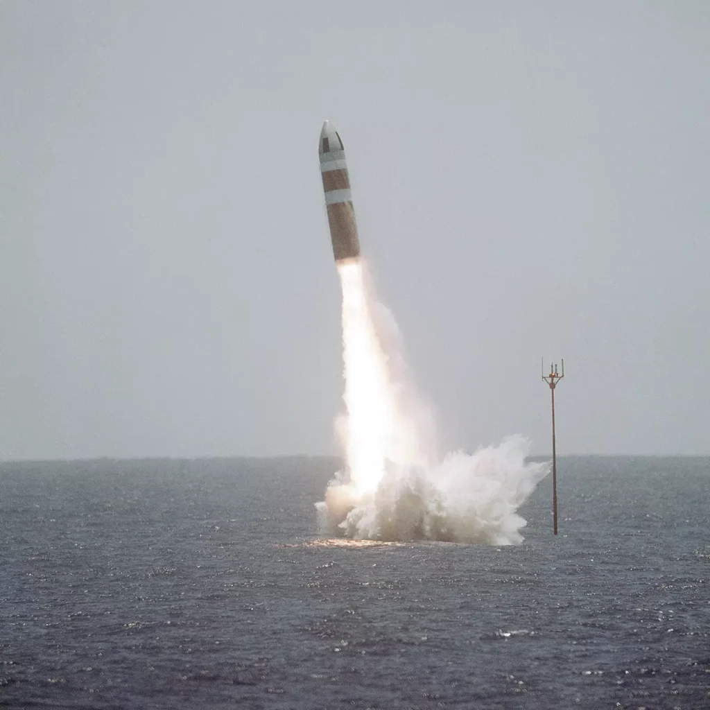 A UGM-73 Poseidon missile is launched from USS GEORGE C. MARSHALL (SSBN 654) on July 24, 1984.