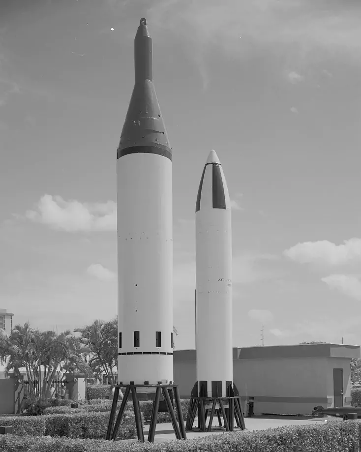 Display of Polaris missiles at the USS Bowfin Museum in Pearl Harbor features the Polaris A1 missile in the foreground on the left and the Polaris A3 missile on the right.
