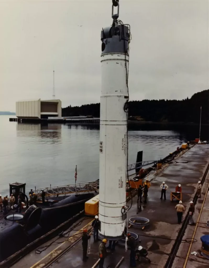 Poseidon C-3 missile being loaded into a submarine launching tube
