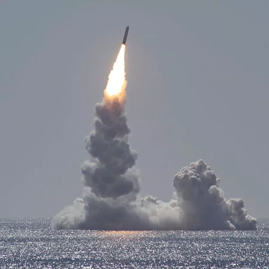 Unarmed Trident II (D5LE) missile launching from Ohio-class ballistic missile submarine USS Maine (SSBN 741) near San Diego, California on February 12, 2020. This launch is part of a demonstration by the U.S. Navy's Strategic Systems Programs and marks the 177th successful launch of the Trident II (D5 & D5LE) strategic weapon system