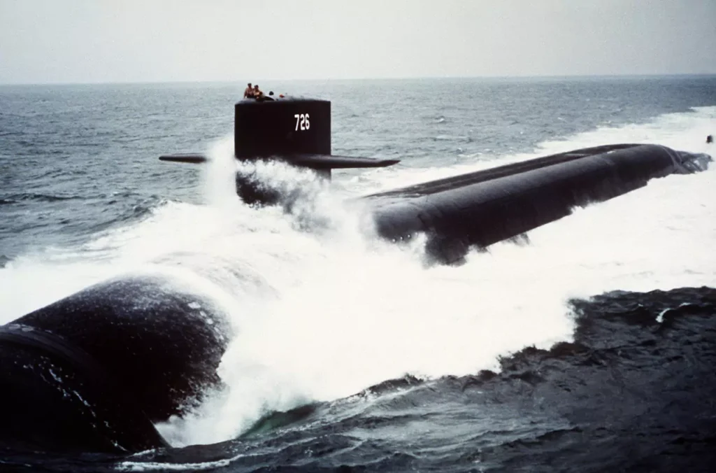 The nuclear-powered strategic missile submarine USS Ohio (SSBN-726) during underway in the Atlantic Ocean in 1981. 