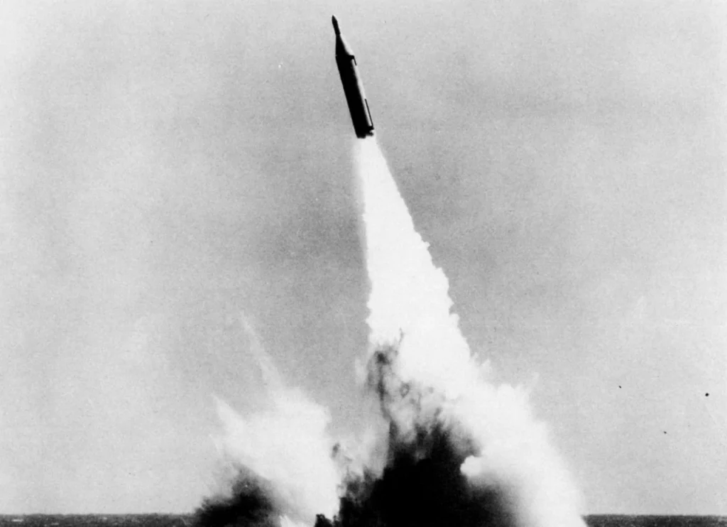 A Polaris A-2 Submarine Fired Ballistic Missile (SLBM) taking off during a test firing