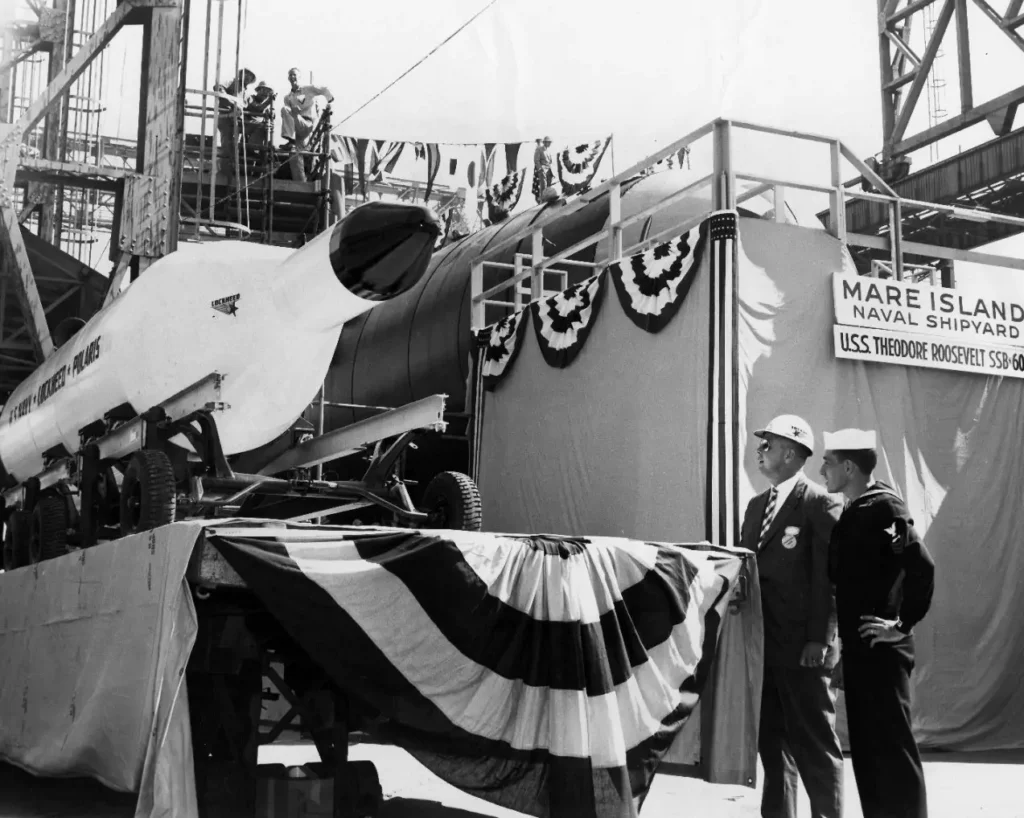 Model of Polaris A-1 Missile displayed at Mare Island during the launch of USS Theodore Roosevelt (SSBN-600).