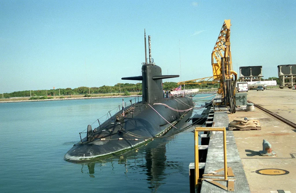 Port bow view of USS Stonewall Jackson (SSBN-634) docked in Port Canaveral, Florida in 1994.
