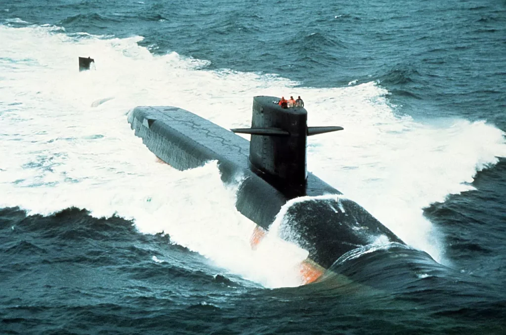 A starboard bow view of USS James Monroe (SSBN-622) underway.