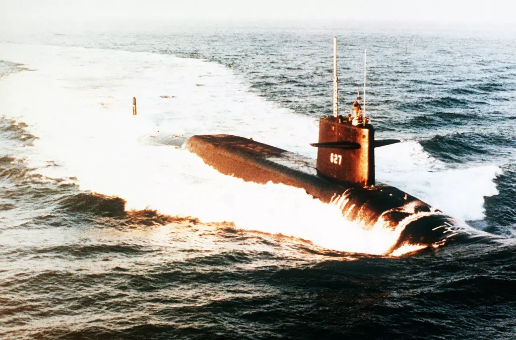 A starboard bow view of USS JAMES MADISON (SSBN-627). She was the eighth Poseidon submarine to carry Trident I (C4) missiles.