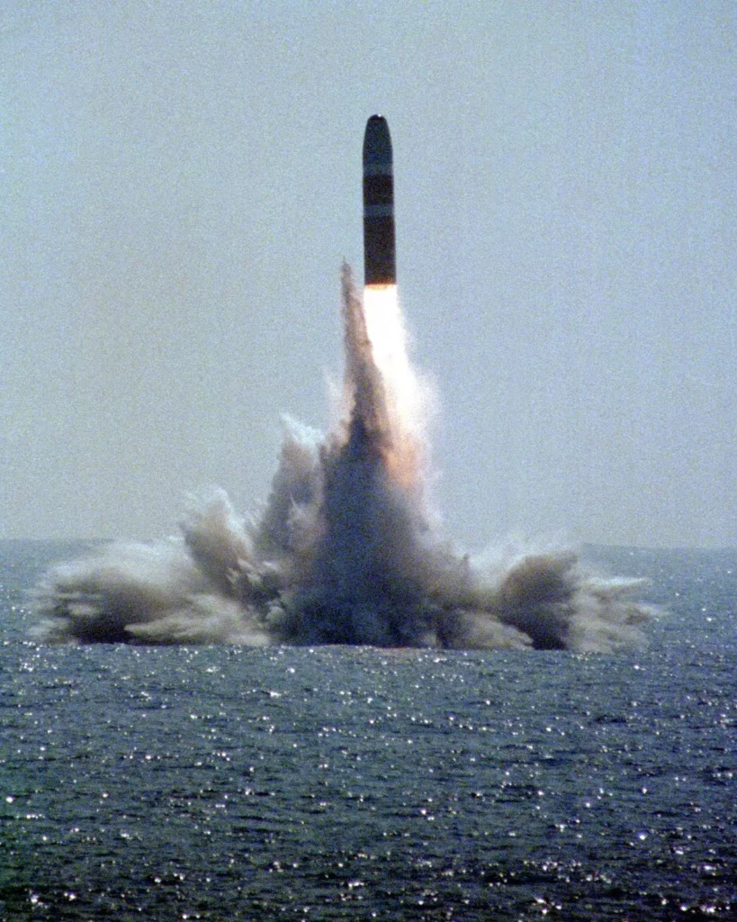 A Trident I (C4) missile is launched from the USS Nevada (SSBN-733) on September 30, 1986. This is the 52nd Trident launch and the 27th DASO launch from Nevada. 