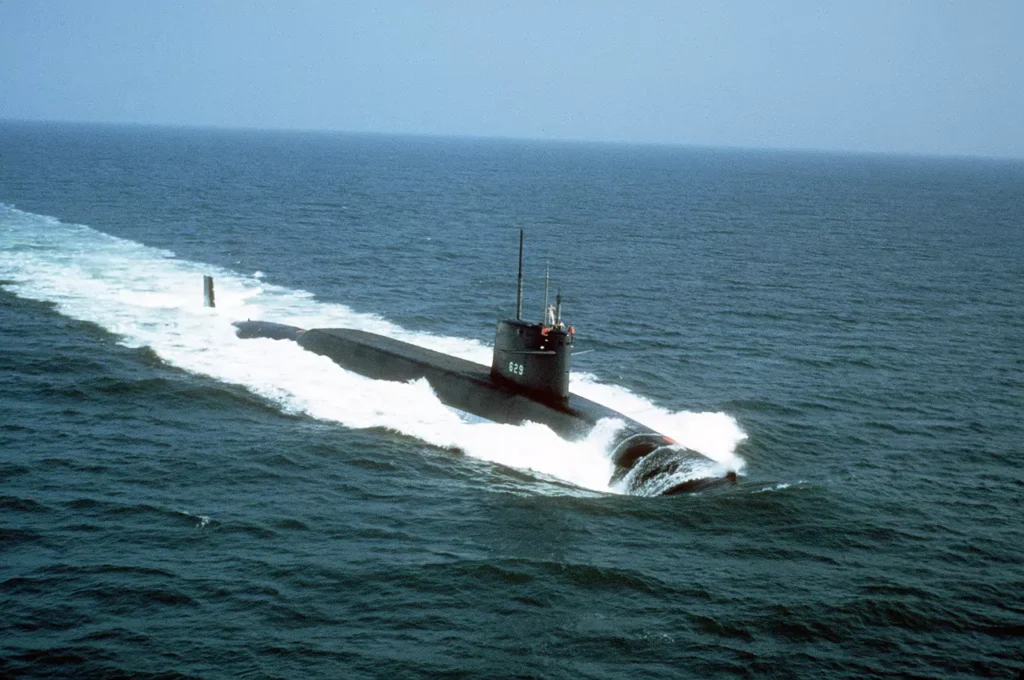 A starboard bow view of USS DANIEL BOONE (SSBN-629). She was the fourth Poseidon Submarine backfitted with Trident I (C4) missiles.