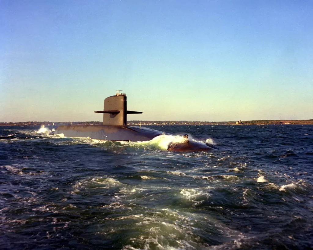 A starboard bow view of USS GEORGE BANCROFT (SSBN-643). She was the tenth Poseidon submarine backfitted to Trident I (C4) missiles.