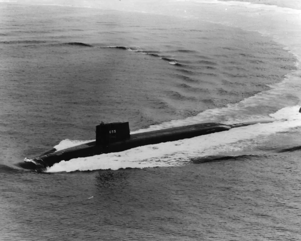 USS Henry L. Stimson (SSBN-655) underway in the Atlantic Ocean. She was the third Poseidon submarine backfitted with Trident I (C4) missiles.