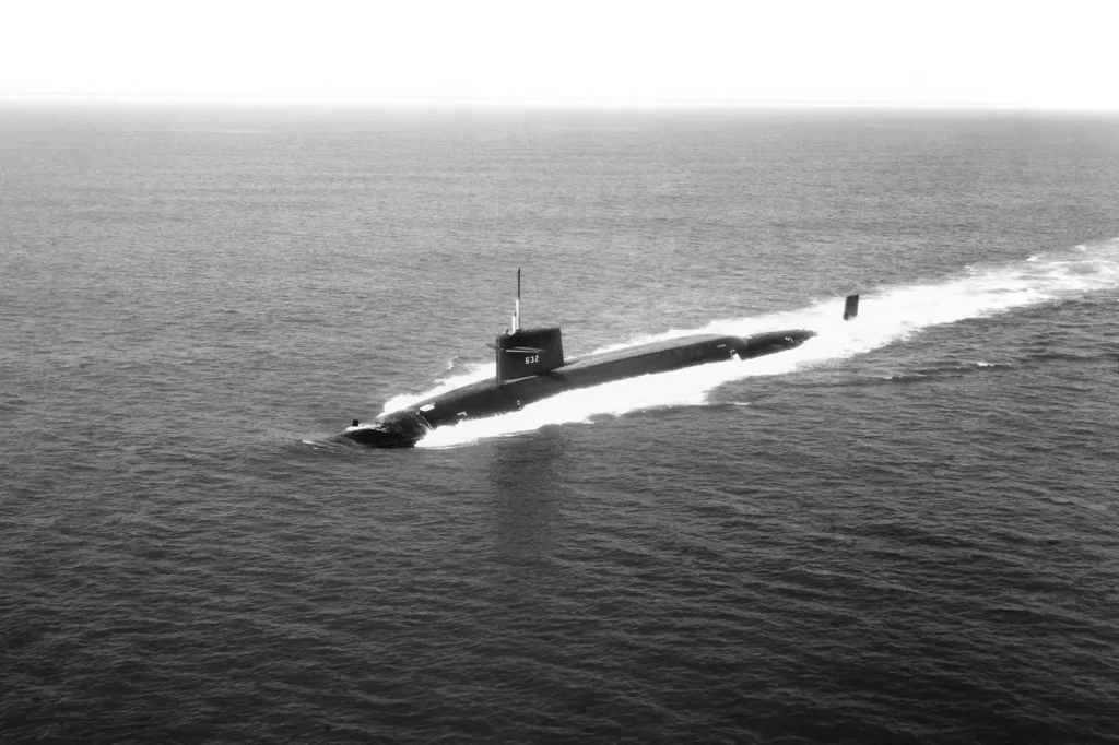 Aerial port bow view of USS VON STEUBEN (SSBN 632). She was the third submarine converted to POSEIDON capabilities.

