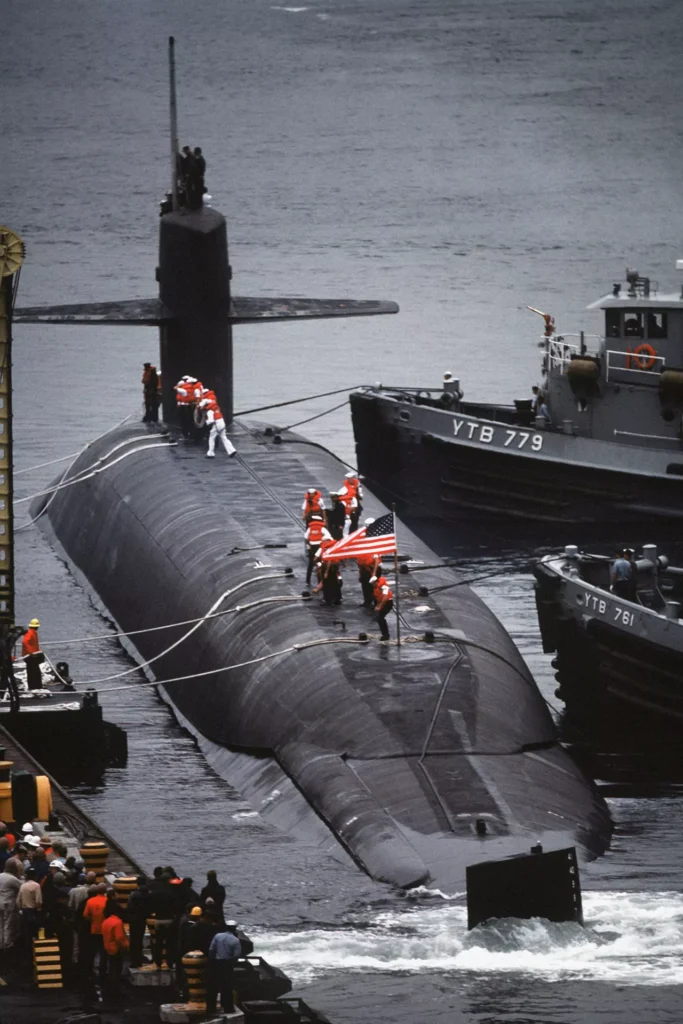 uss ohio ssbn-726 aerial port quarter view during docking at delta pier bangor