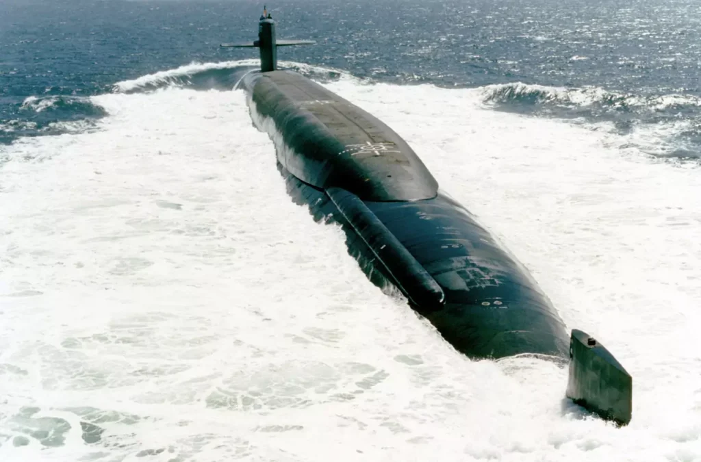 Aerial port quarter view of USS MICHIGAN (SSBN-727)