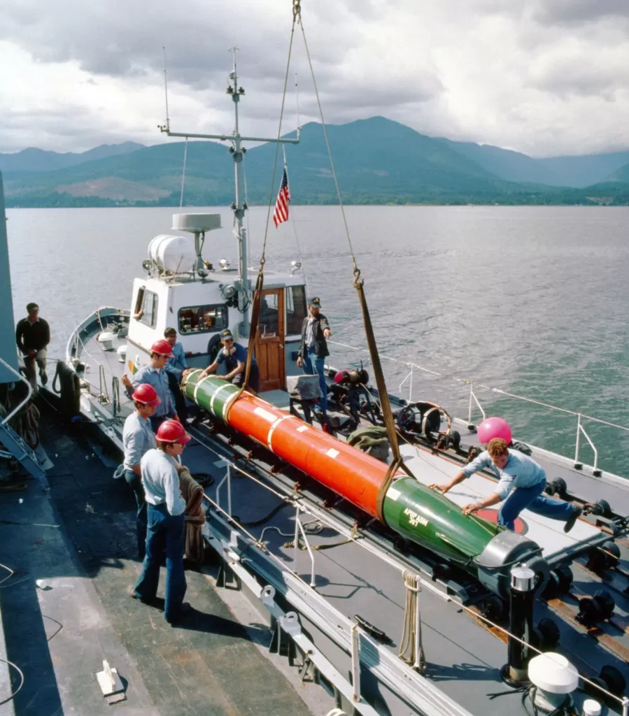 A Mk-48 ADCAP (advanced capability) torpedo after retrieving it from the water. 